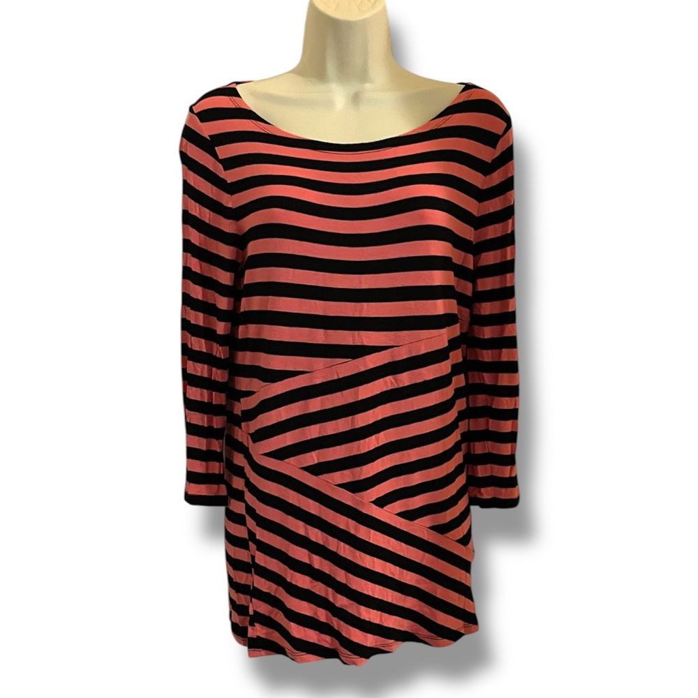 Dana Buchman Coral and Black Striped Long Sleeve Tunic Top Small